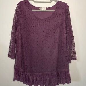 Indigo Soul blouse XL lace trim sequin sheer mauve whimsigoth fairy